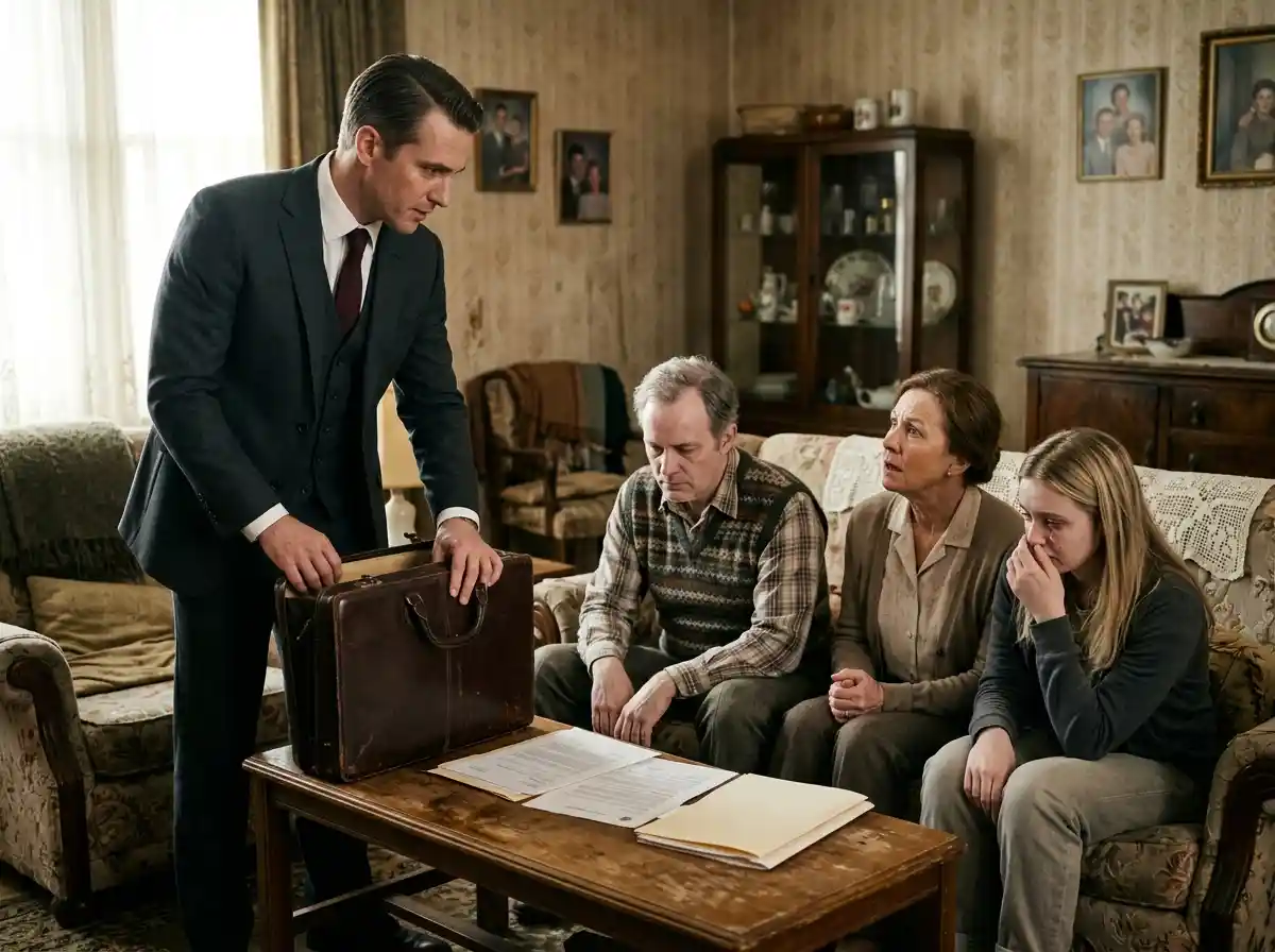 A confident lawyer laying out legal documents on a coffee table while a family looks shocked
