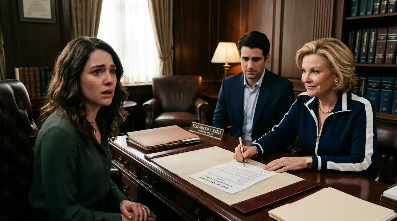 Tense moment in lawyer's office as mother-in-law smiles while young woman looks shocked at the deed