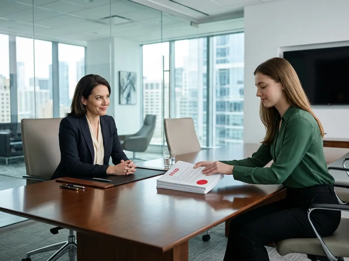 A confident female lawyer smiling across a desk at a client holding a deed