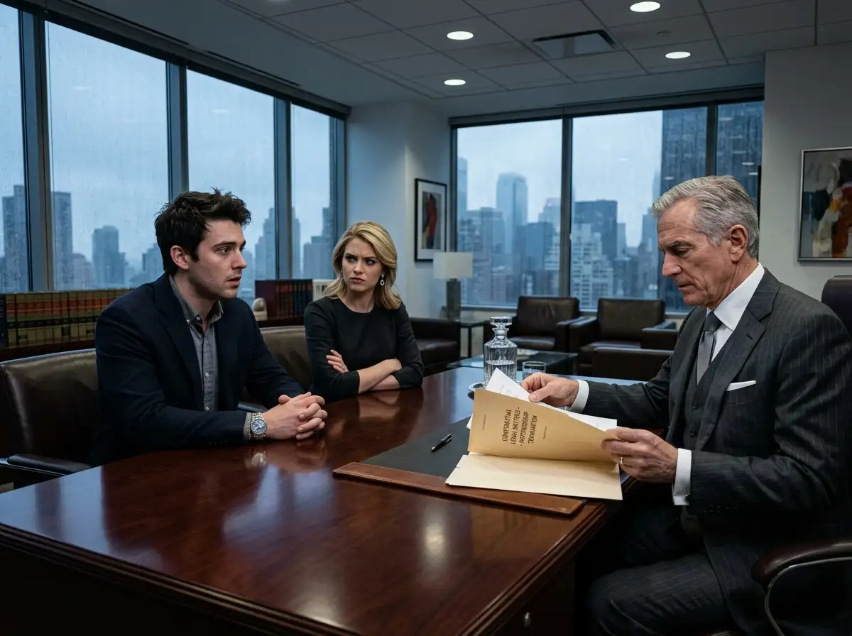 James looking shocked in a lawyer's office while the niece sneers at him