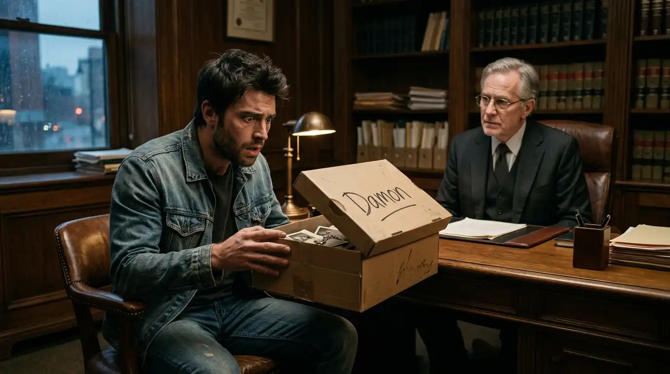 Damon looking shocked while opening a cardboard shoebox in a lawyer's office