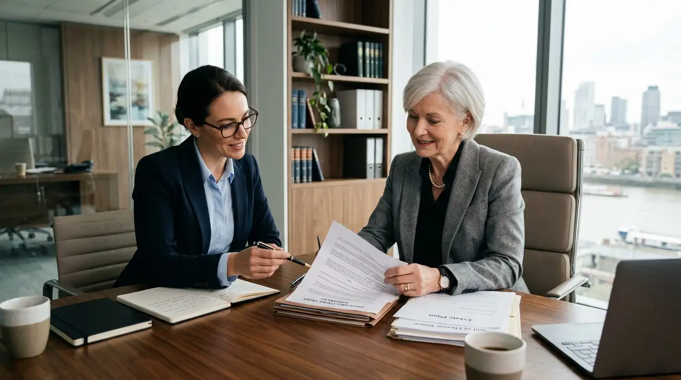 An older woman in a grey blazer reviewing legal documents with a sharp female attorney