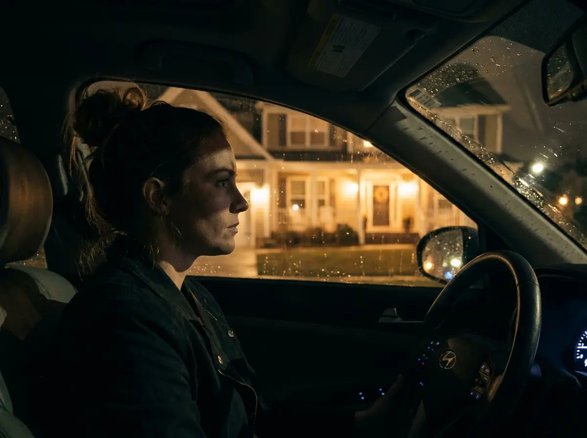 A woman sitting in her car at night, looking back at her illuminated house.