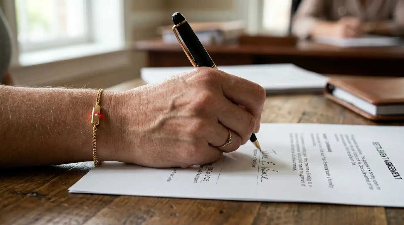 Clara signing the legal documents awkwardly with her left hand while wearing the gold panic bracelet