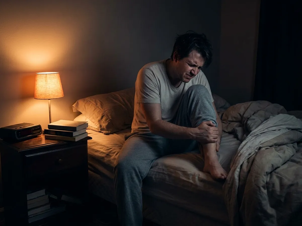 A person sitting on the edge of their bed massaging a painful leg cramp in the dark