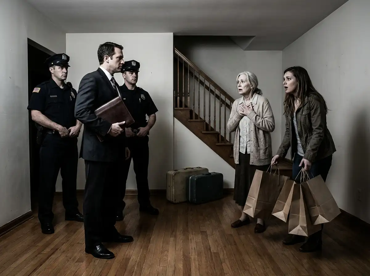 A lawyer and police officers confronting two shocked women in an empty house.