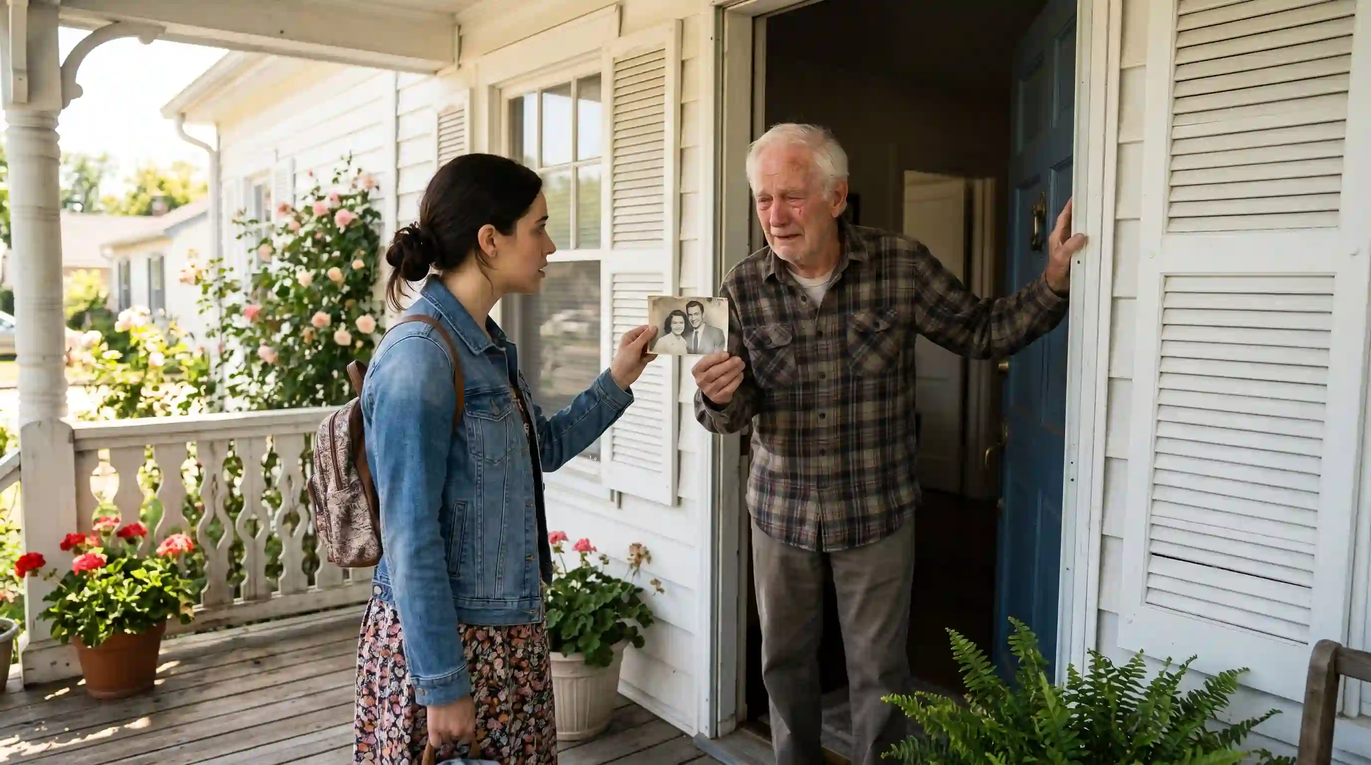 Elderly man reacting emotionally to seeing a photograph of his first love