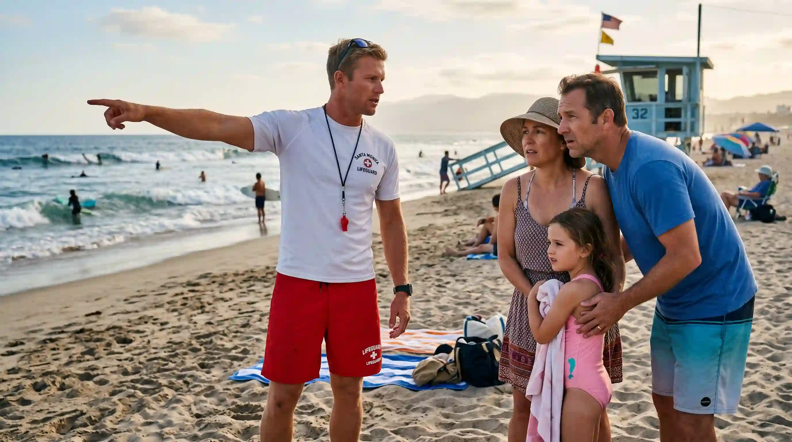 Lifeguard pointing at the ocean while talking to a concerned family