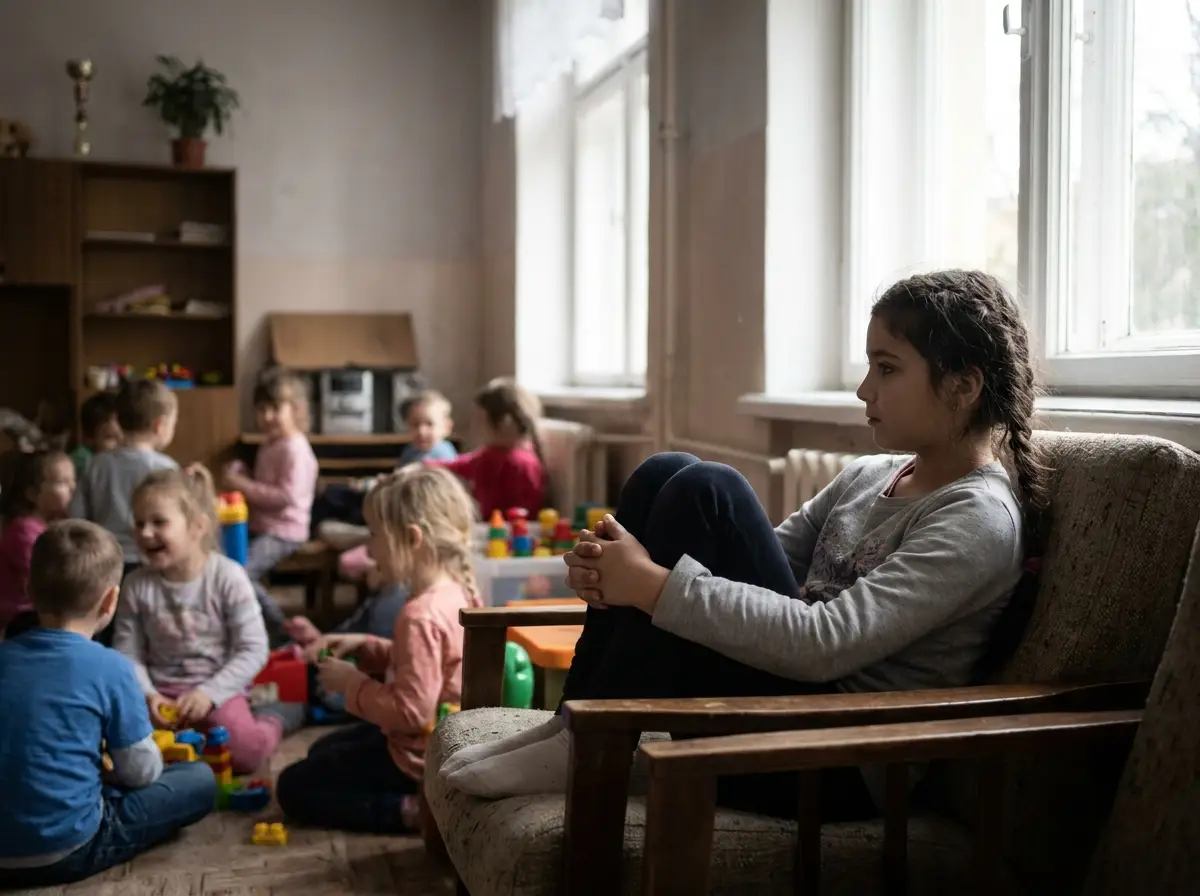 A quiet 10-year-old girl sitting alone by a window in an orphanage