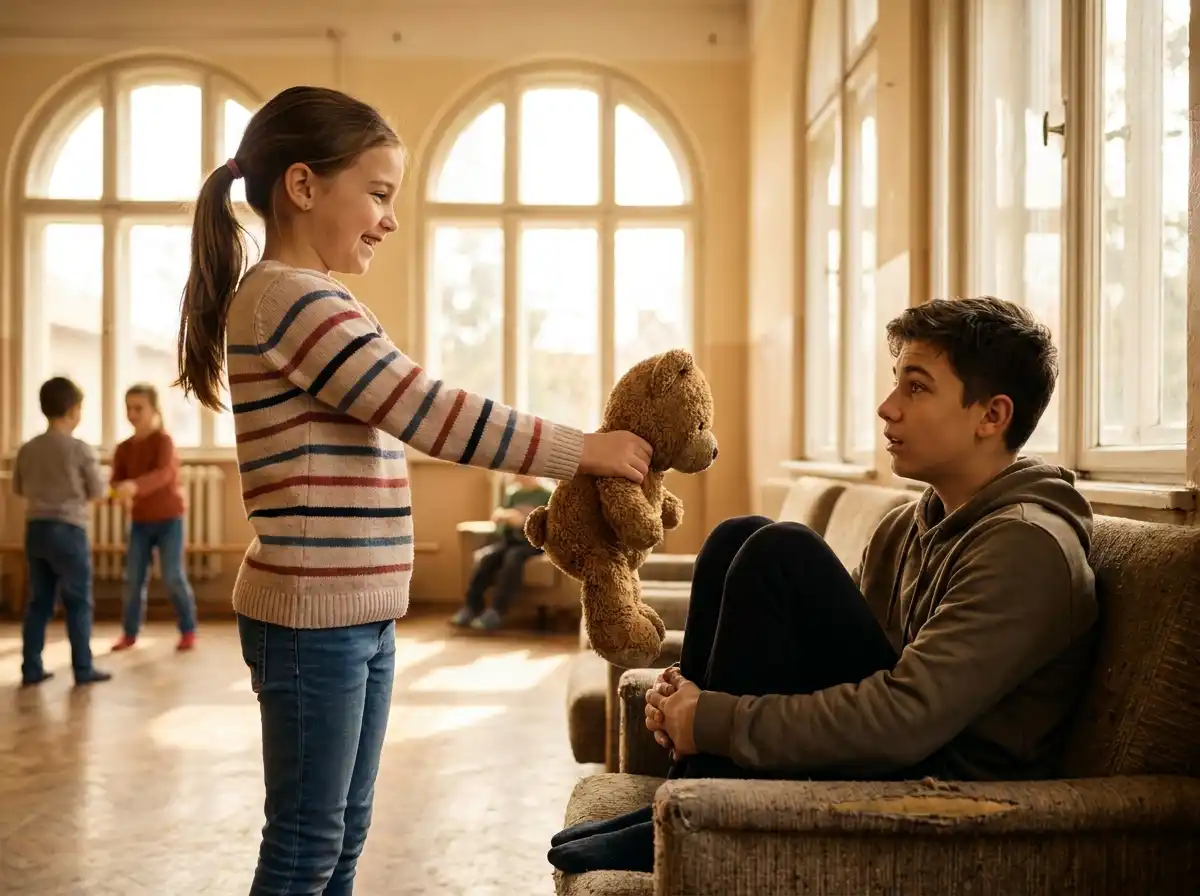 A young girl smiling and handing a teddy bear to a lonely older boy at an orphanage