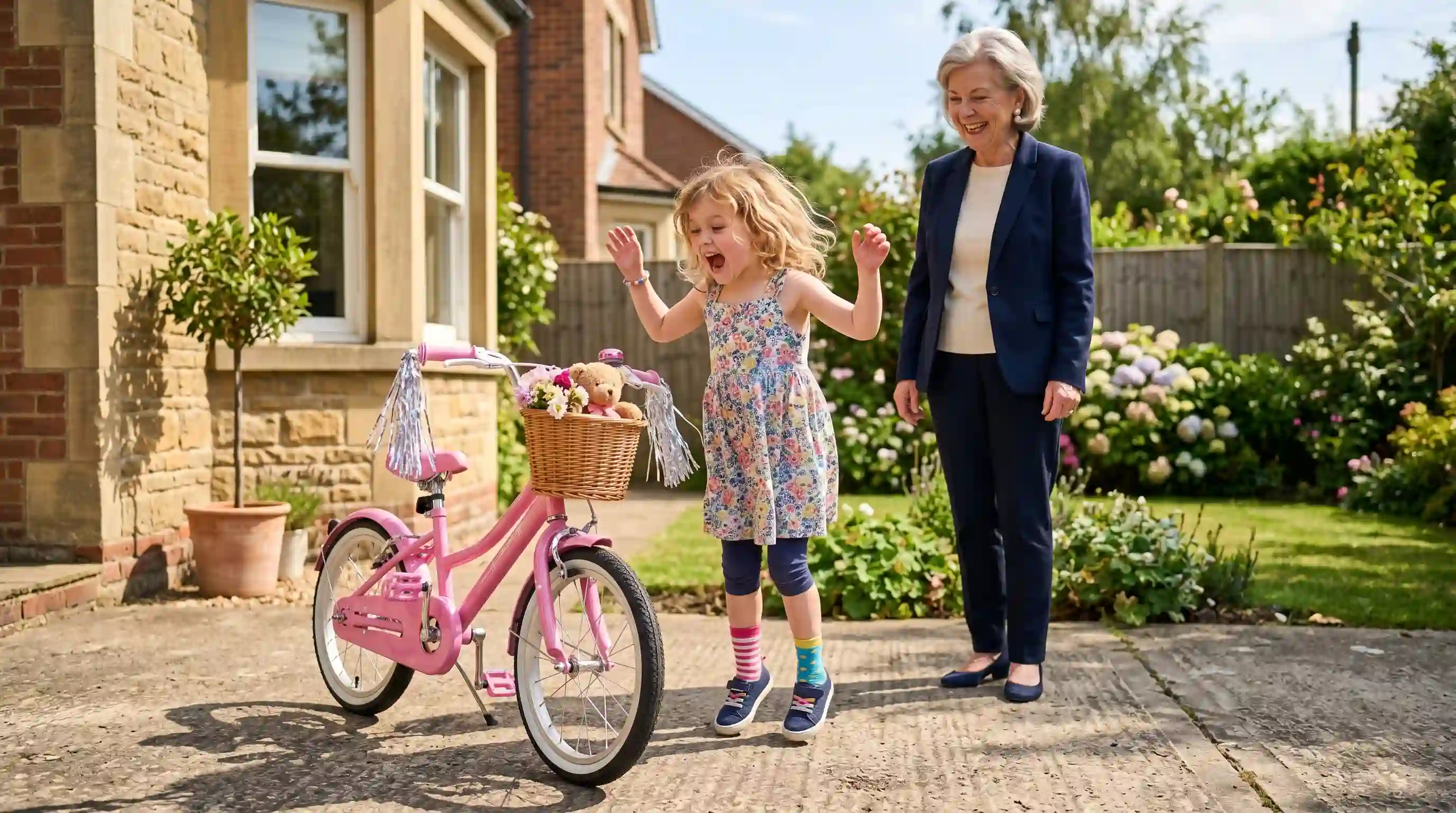 5-year-old girl screaming with joy at a brand new pink bicycle