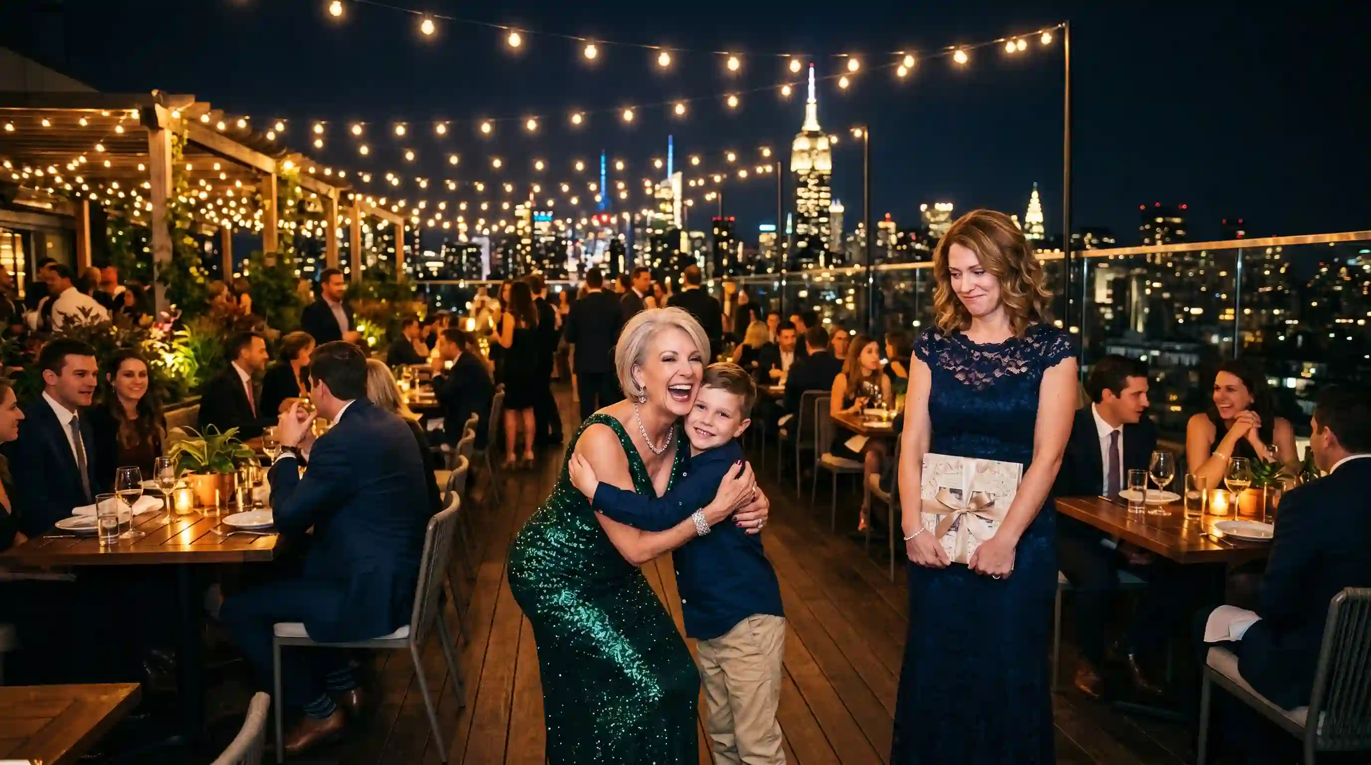 Linda ignoring Emily and greeting Noah at the rooftop party