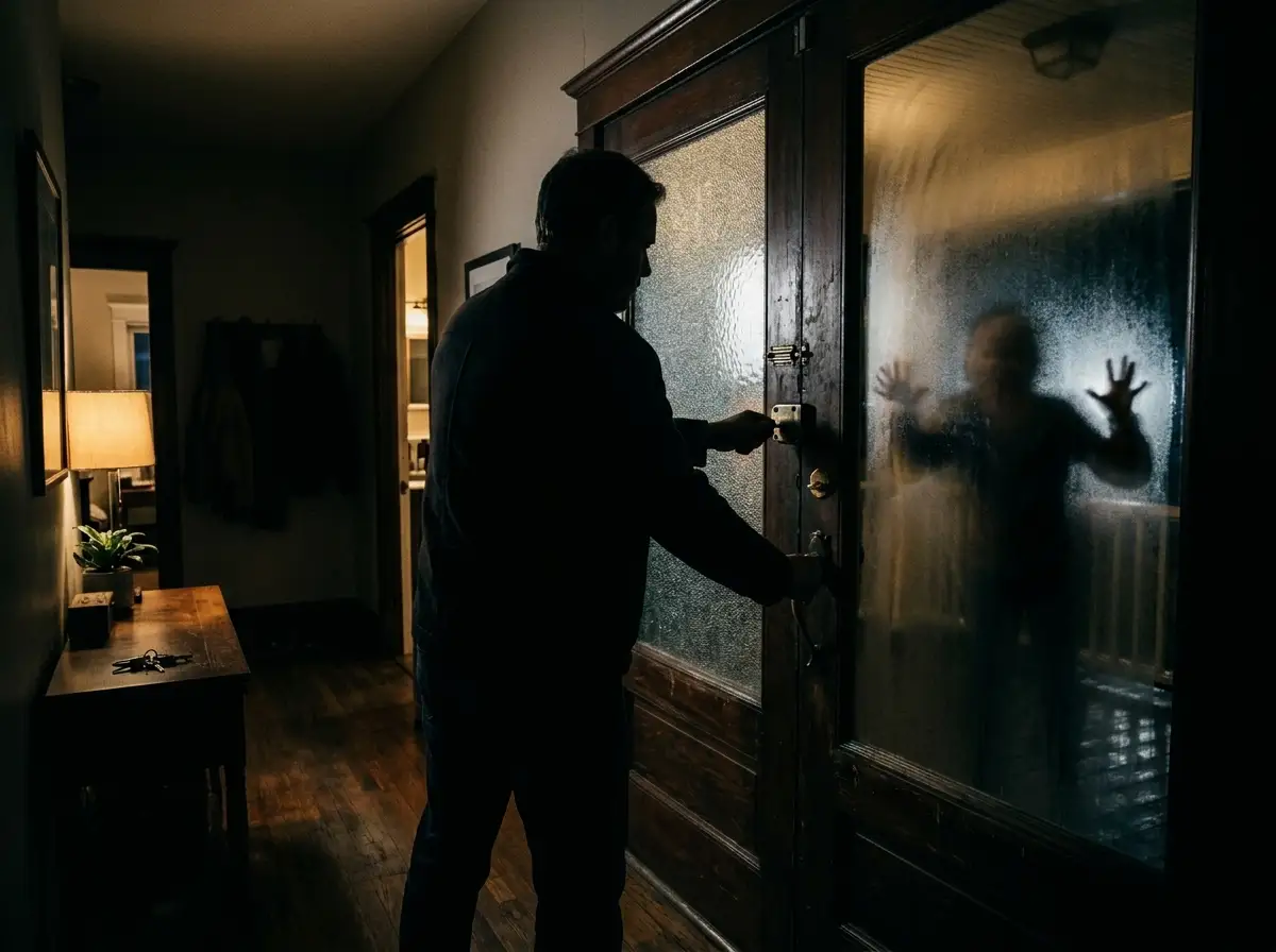 A silhouette of a man locking his front door while a woman stands outside