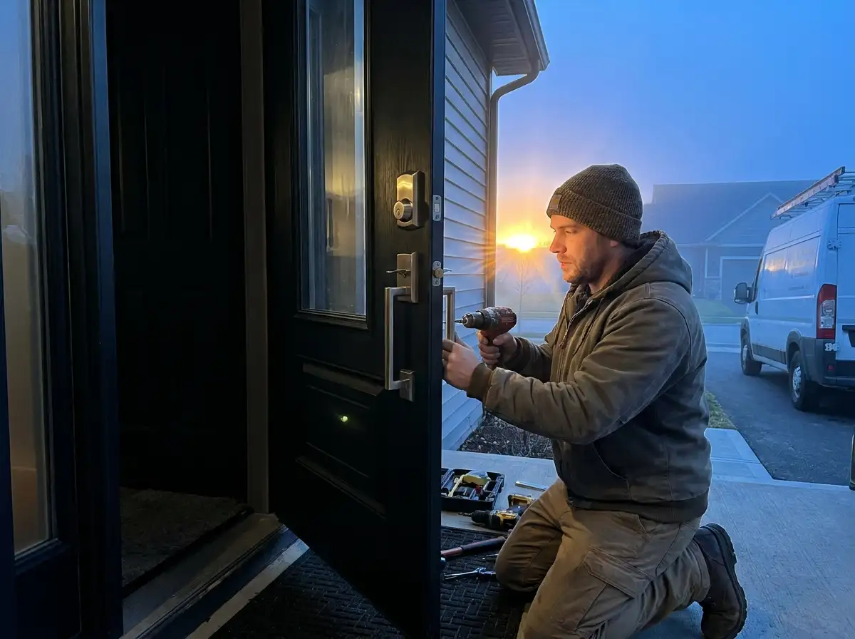 A locksmith changing the deadbolt on a residential front door in the early morning