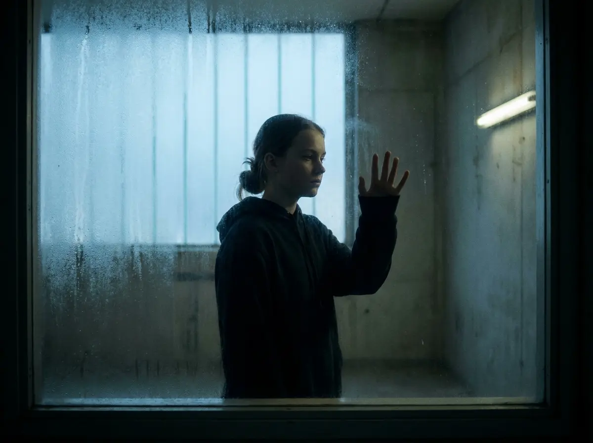 A young girl looking out a frosted window in a sterile room