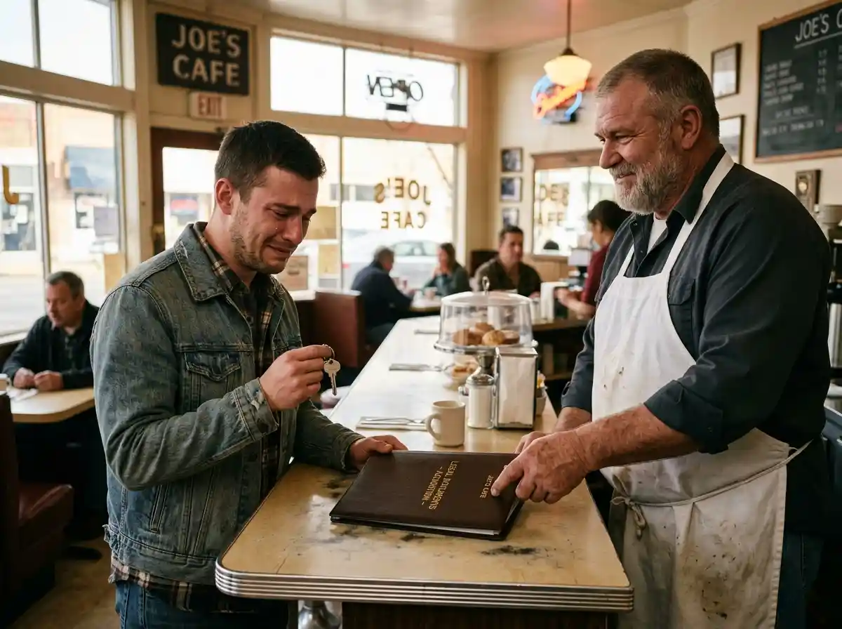 Joe sliding legal papers across the diner counter to James
