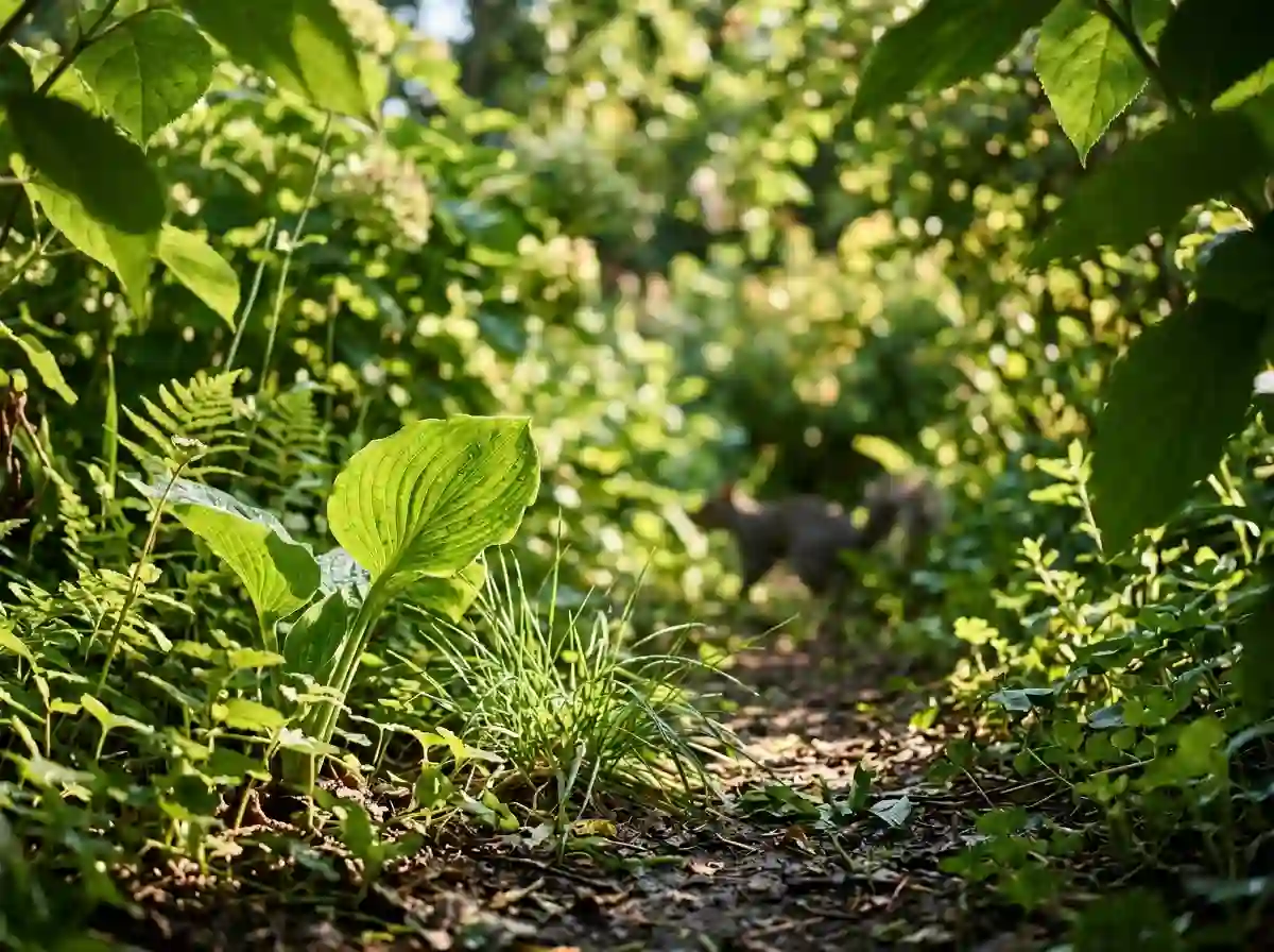 Ground level view through thick green garden leaves on a sunny day.