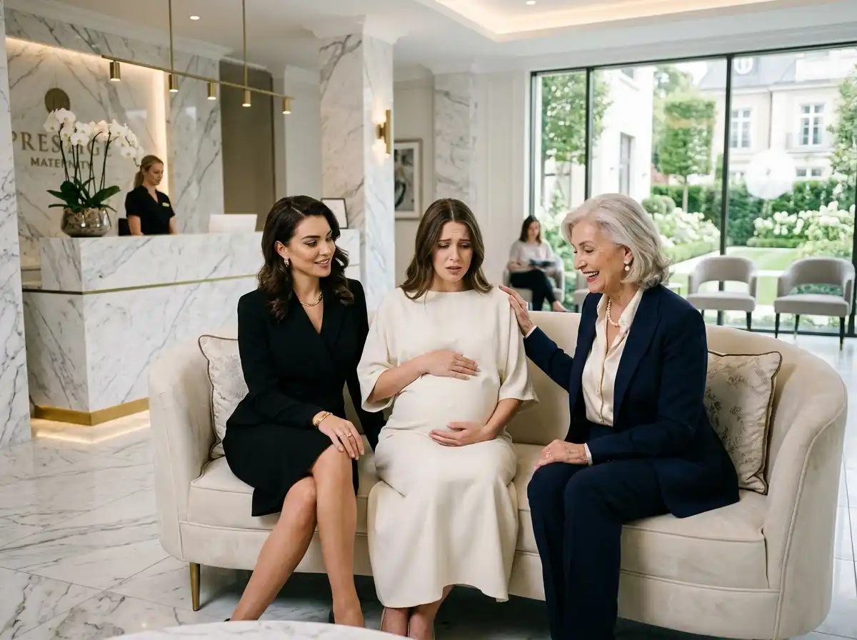 Chloe, Margaret, and Vanessa waiting in a luxurious medical clinic.