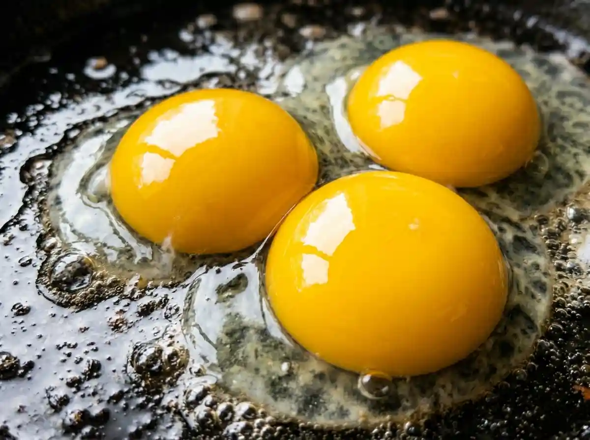 Close up macro shot of bright yellow, perfectly round egg yolks.