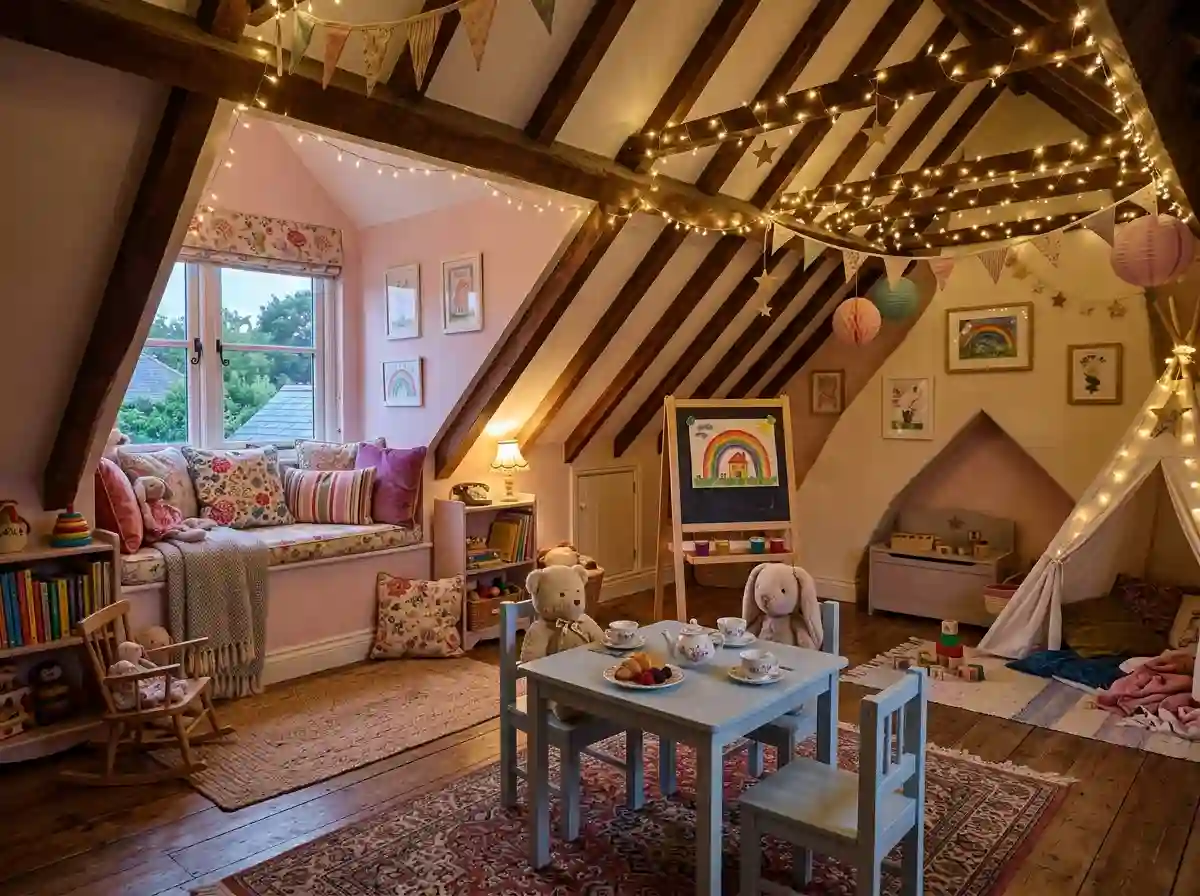 A breathtakingly beautiful attic transformed into a magical child's playroom with fairy lights and a tea table.