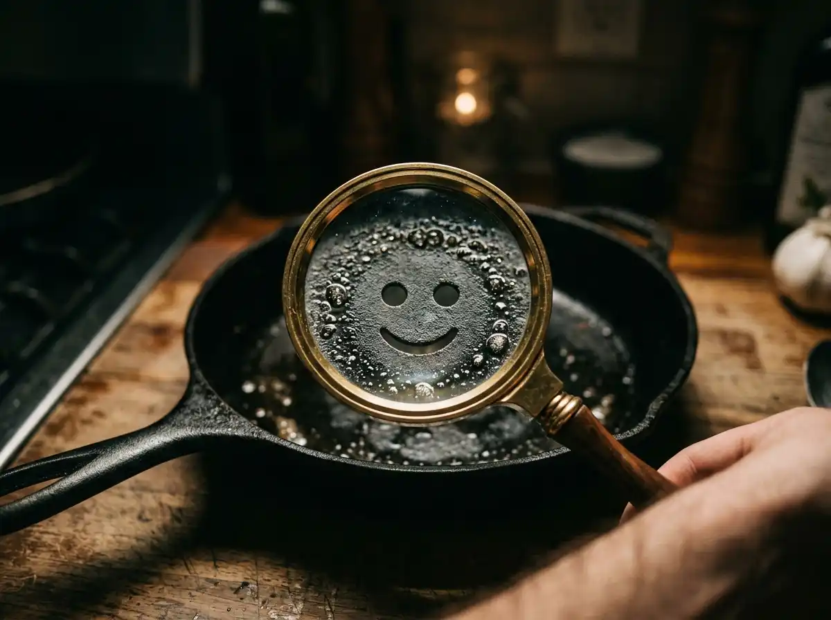 A magnifying glass hovering over the pan, revealing hidden circular shapes.