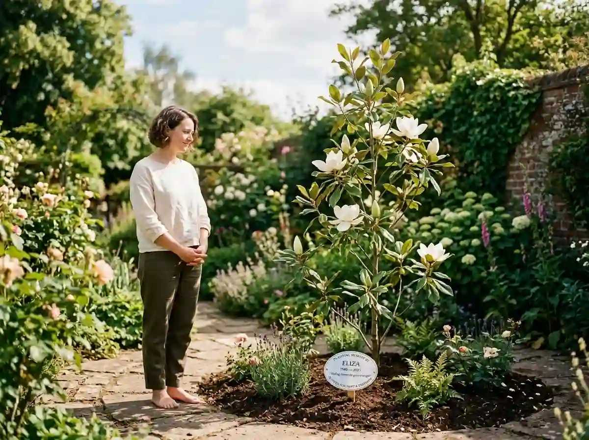 A woman standing by a white magnolia tree with a silver memorial plaque