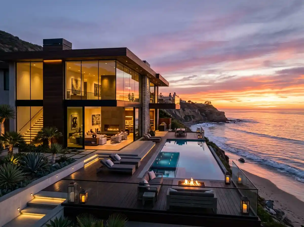 A breathtaking, ultra-luxurious modern oceanfront villa in Malibu at sunset