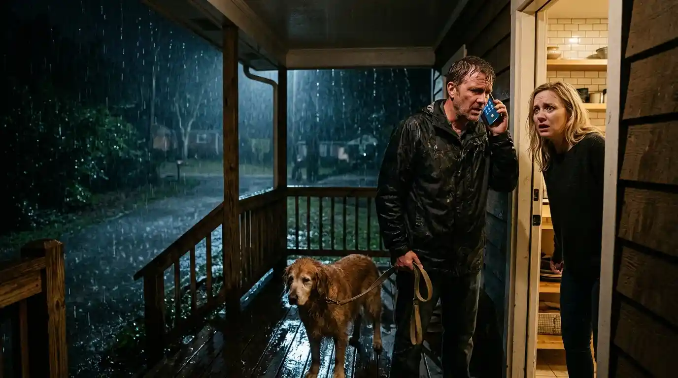 A man standing on a porch in the rain with his Golden Retriever, on the phone while his wife looks panicked in the doorway
