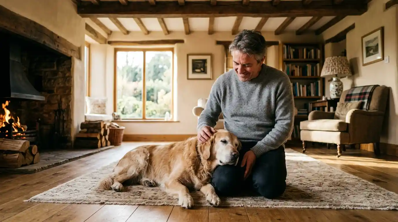 A man peacefully kneeling in his living room, lovingly petting his old Golden Retriever