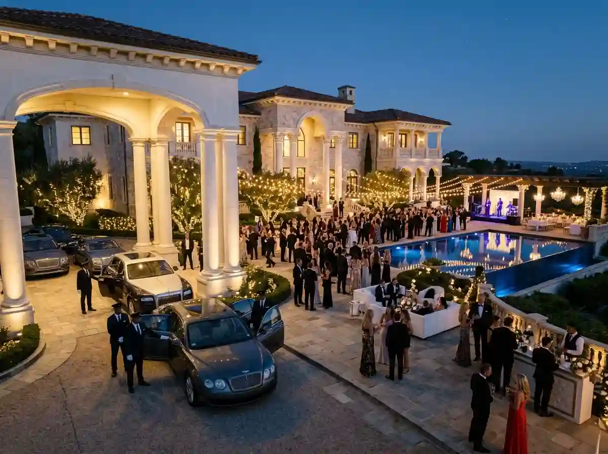 A luxurious evening birthday party at a massive estate with an infinity pool