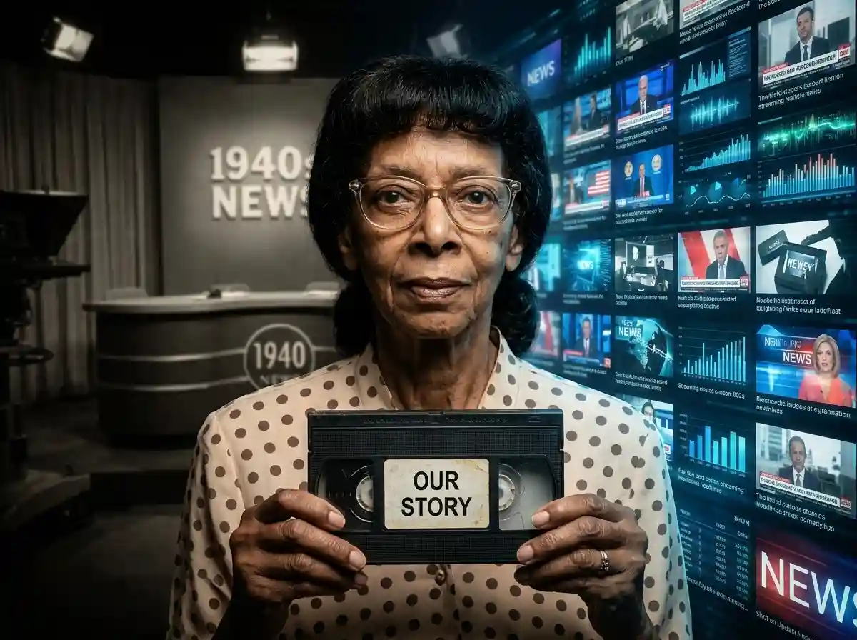 Conceptual image of an older African American woman holding a VHS tape in front of a digital data matrix