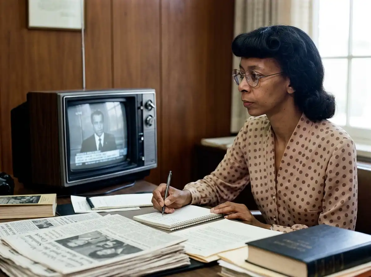 Thoughtful African American woman taking notes while watching a vintage television set