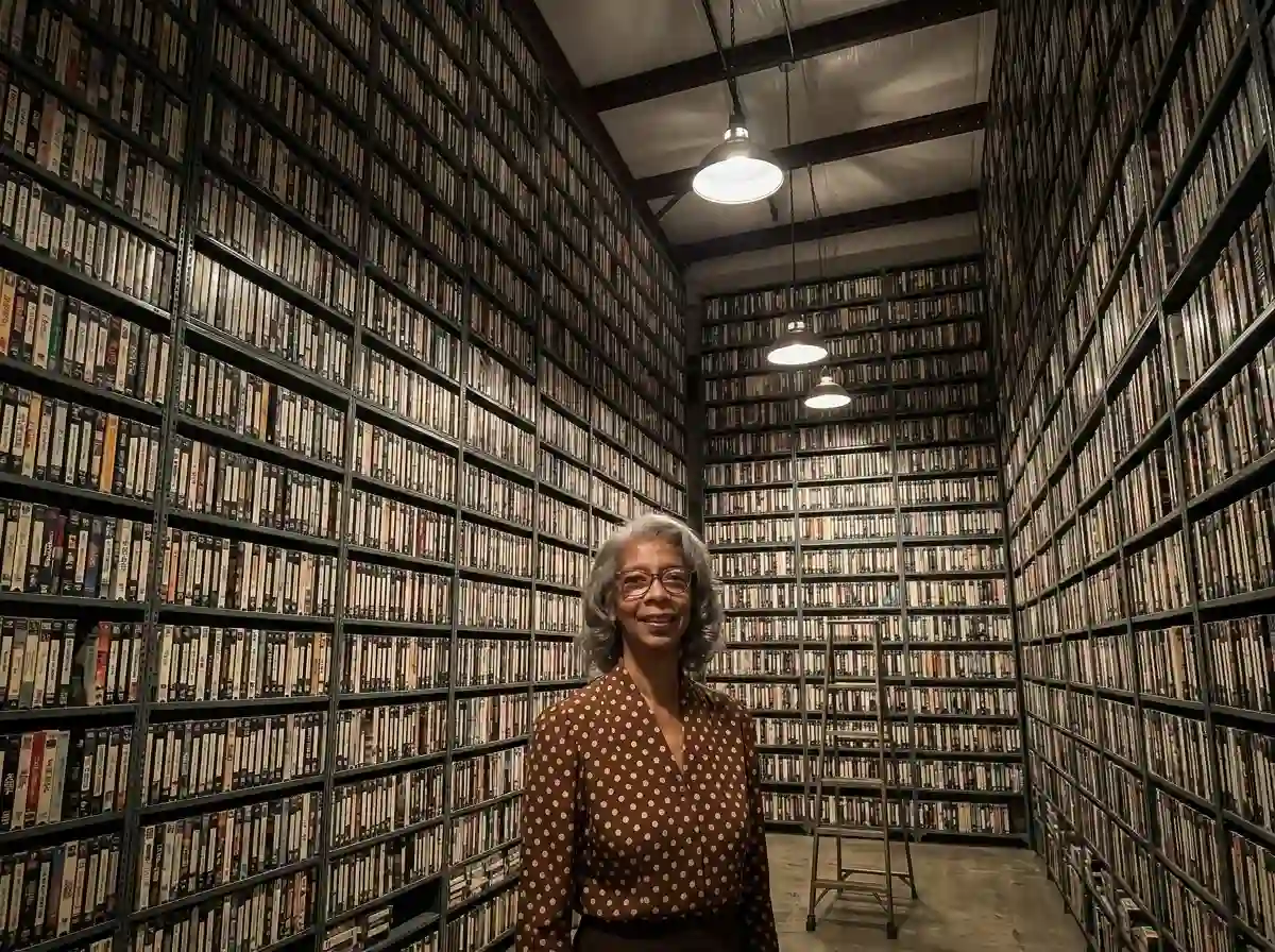 Older African American woman standing proudly in a room completely lined with thousands of VHS tapes