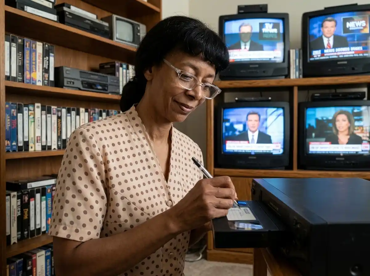 African American woman carefully labeling a VHS tape in a room filled with recording equipment