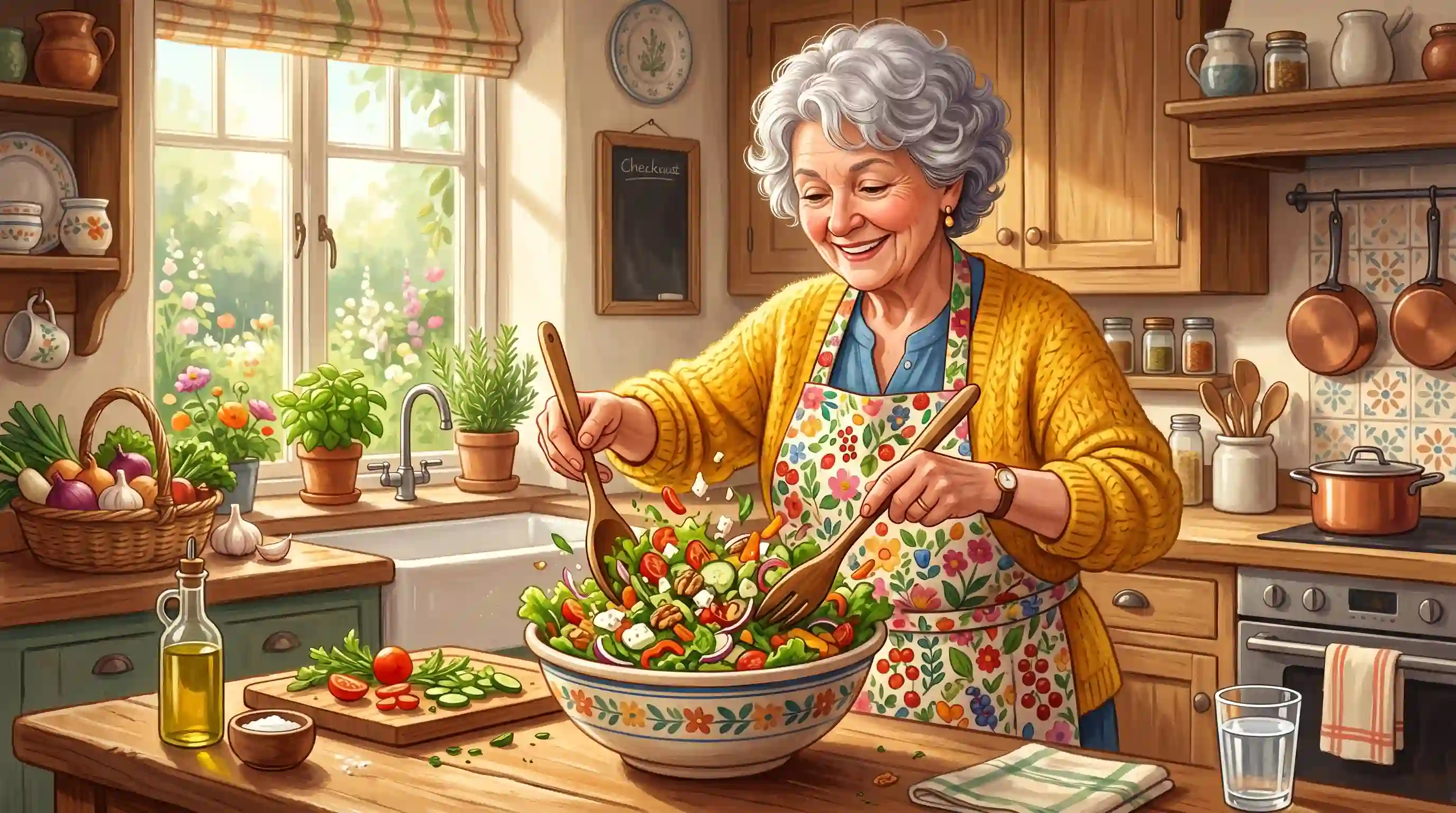 Illustration of Martha happily preparing a healthy salad in her kitchen