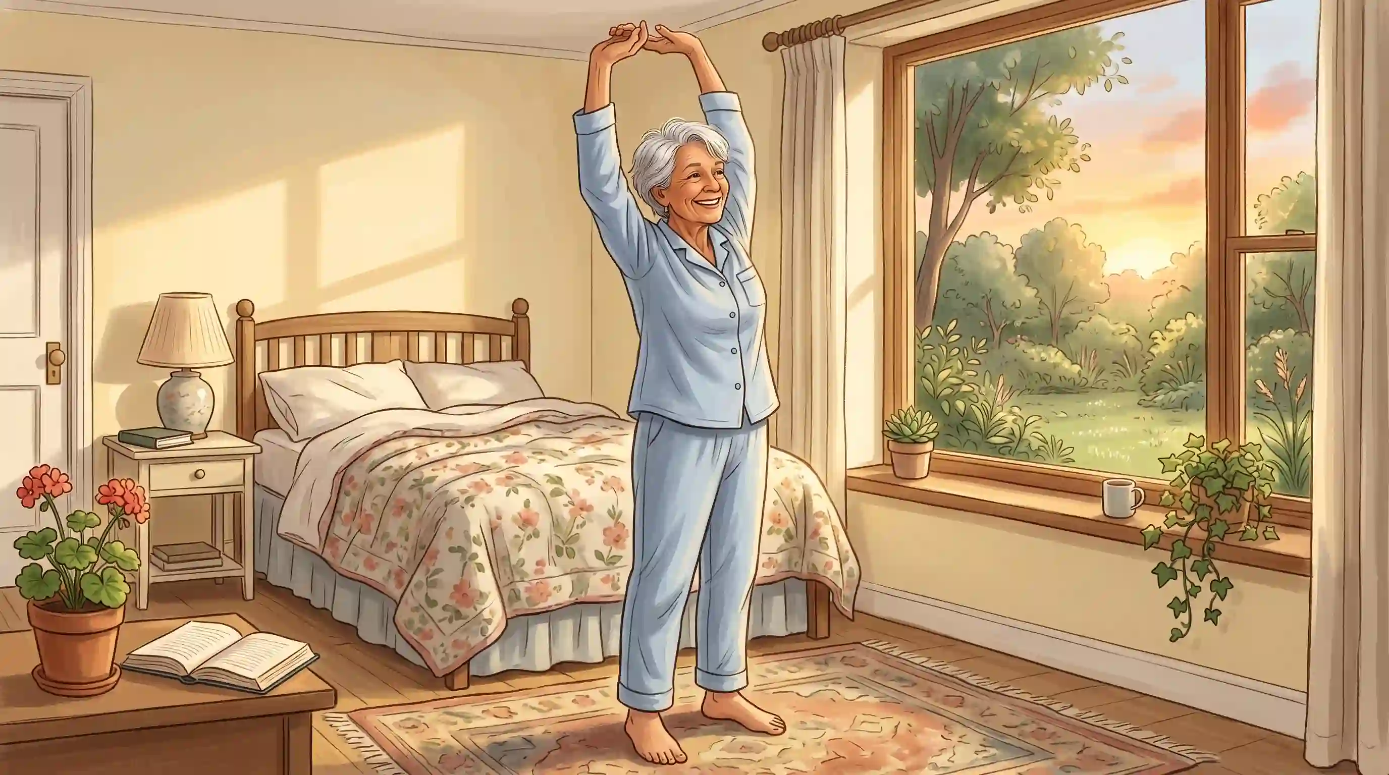Illustration of Martha stretching in the morning sunlight after a good sleep