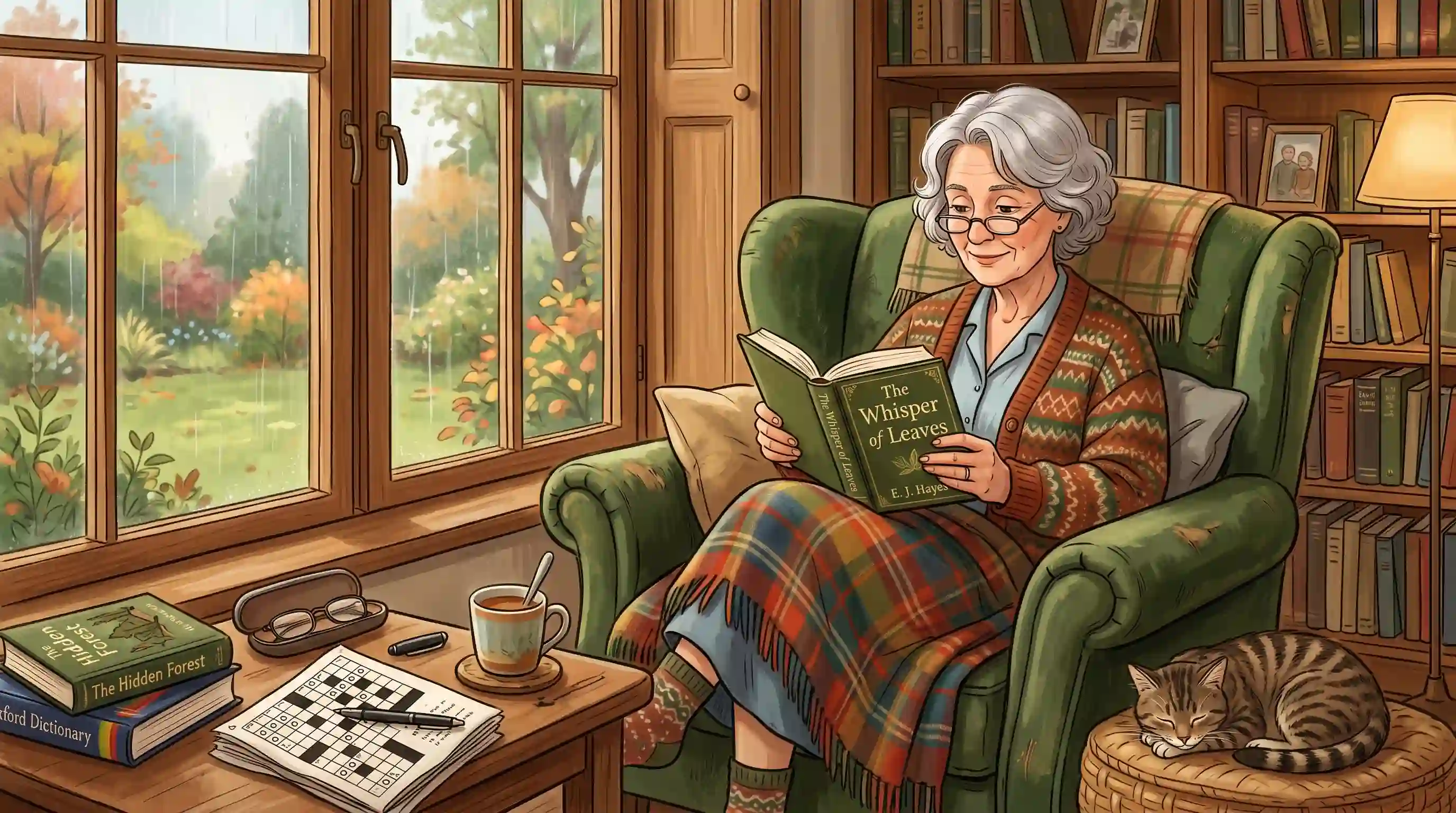 Illustration of Martha reading a book with a crossword puzzle nearby
