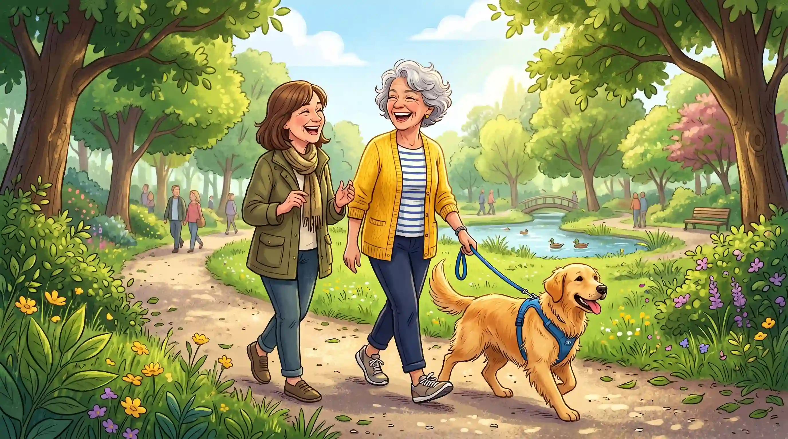 Illustration of Martha walking her dog and laughing with a friend