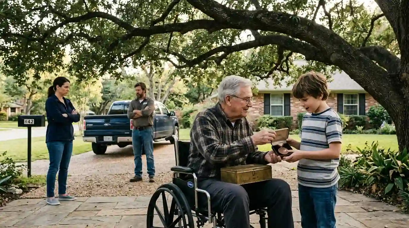 An older man handing a young boy a metal box while the mother and father look on