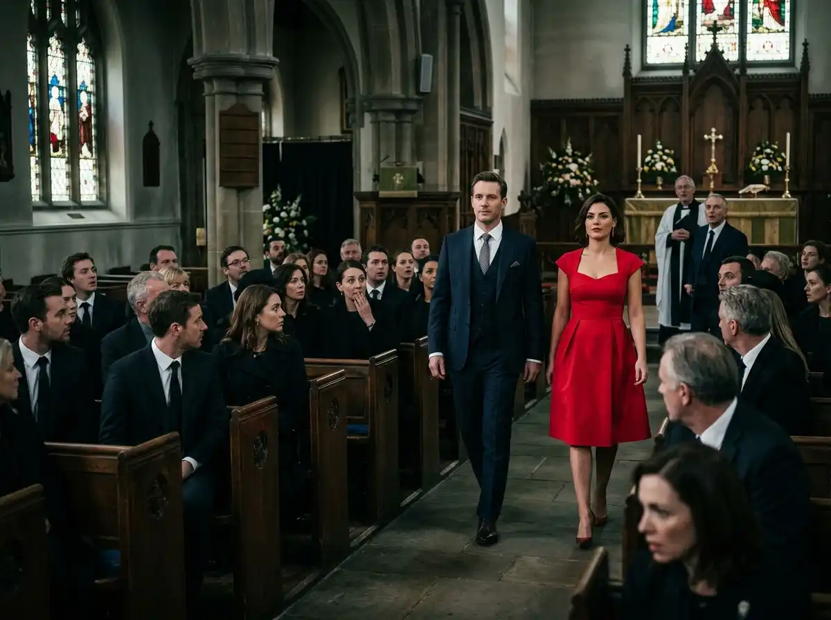 A man and a woman in a bright red dress walking into a somber chapel