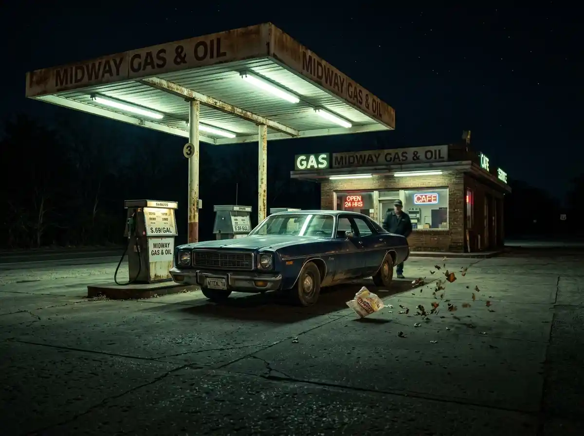 A lonely, brightly lit gas station in the middle of a dark, windy night