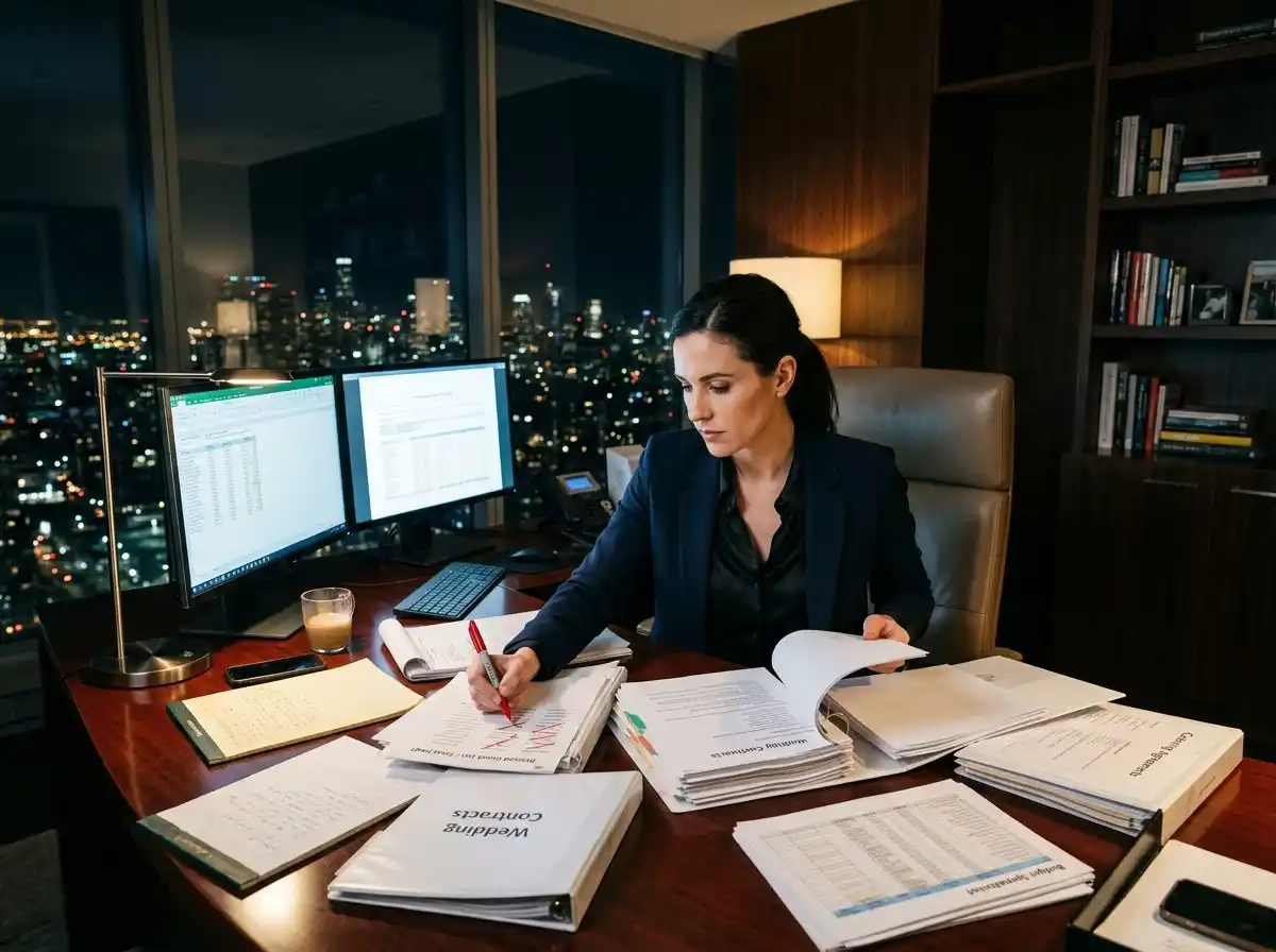 A woman working late at night in a dark, luxurious penthouse office