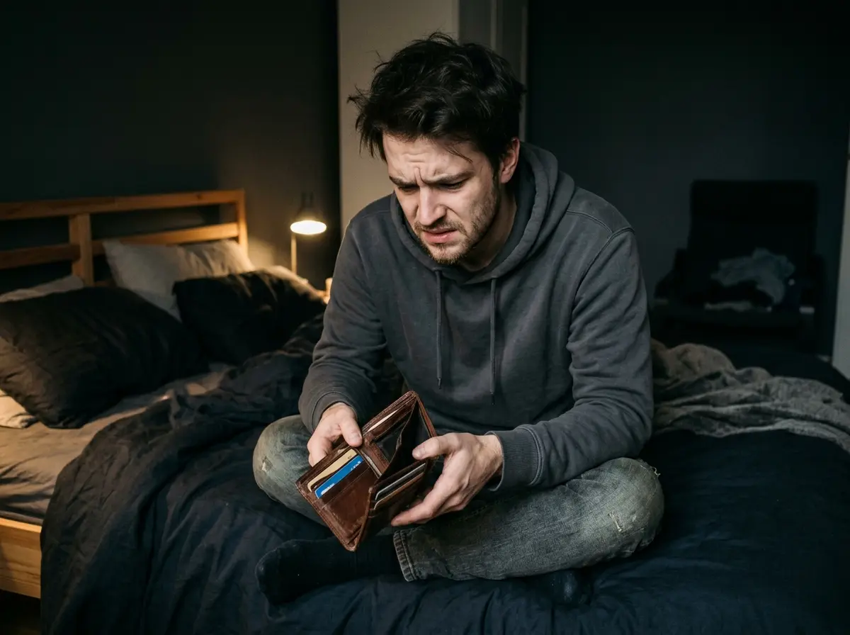 A stressed man looking into his open, empty wallet