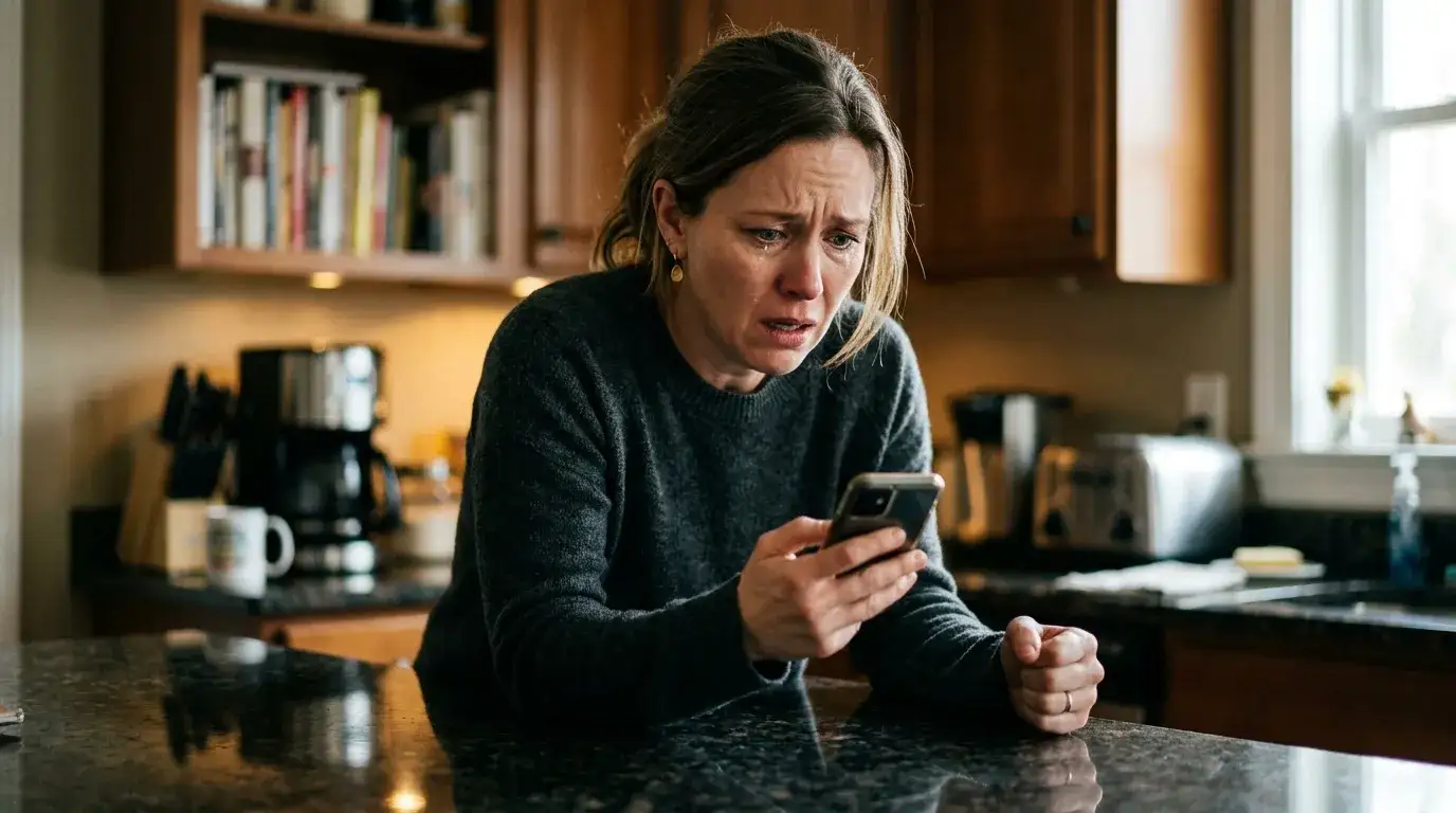 A mother looking shocked at her smartphone in a modern kitchen