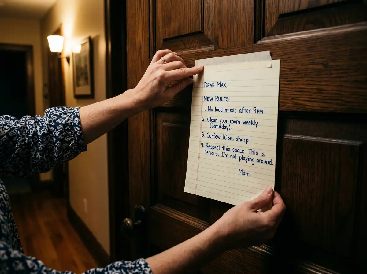 Mother taping a handwritten note to a closed bedroom door