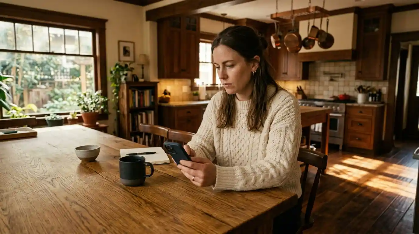 Harper looking at her phone while sitting in a sunlit Victorian kitchen