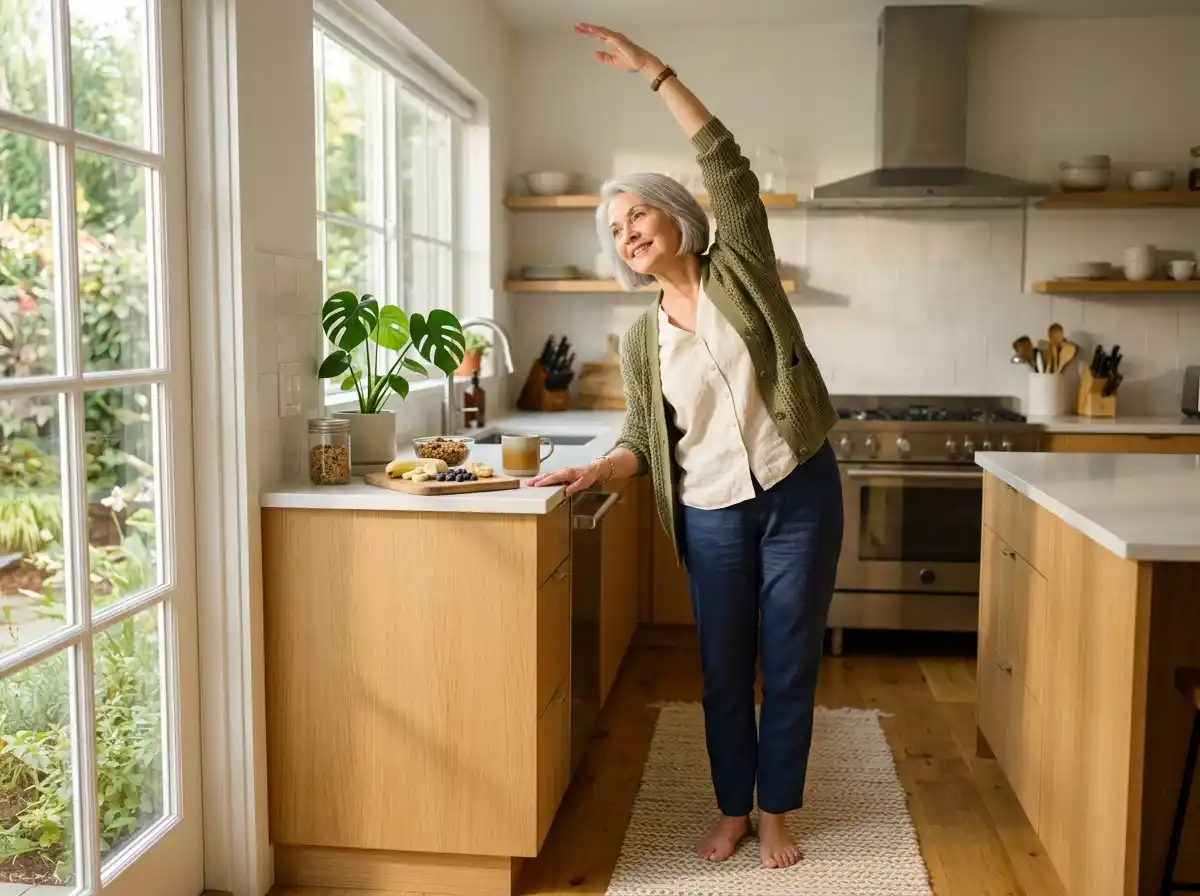 Evelyn stretching gracefully in her sunny kitchen
