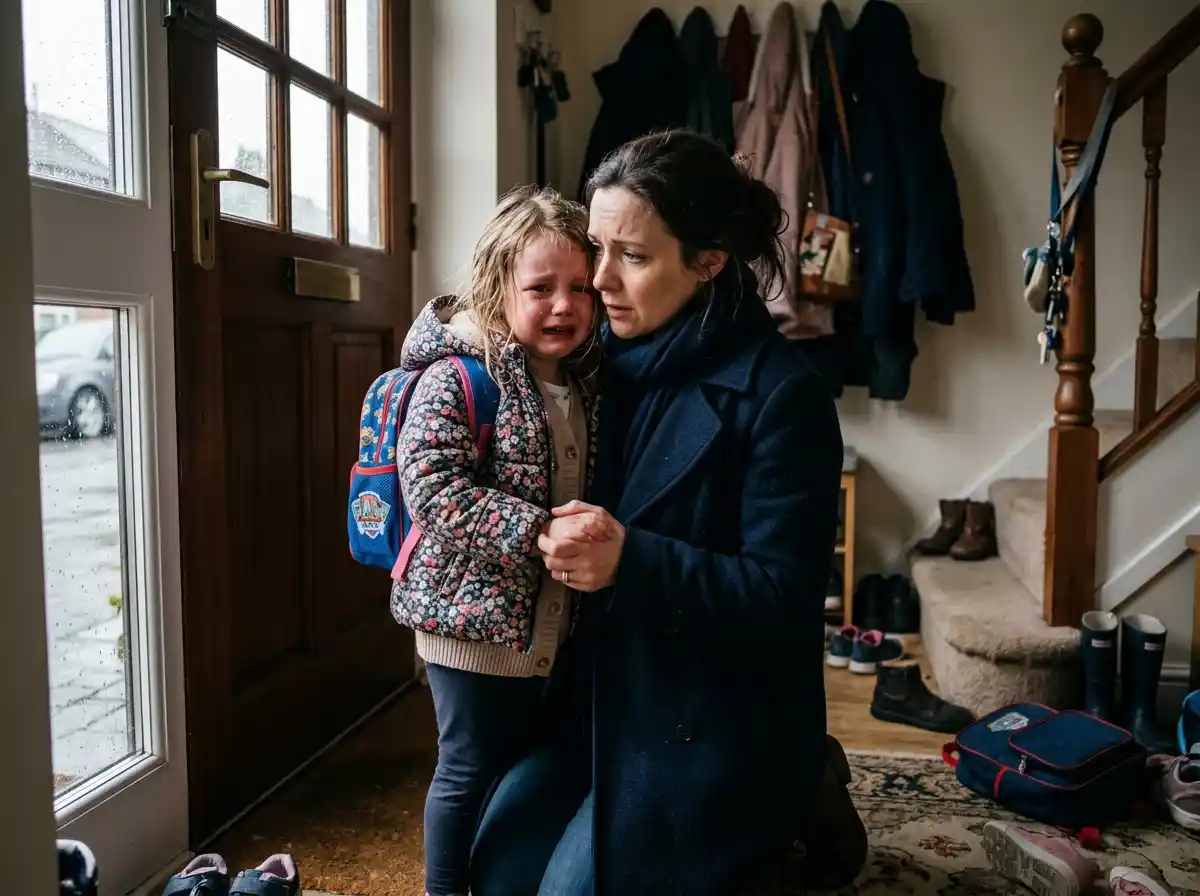 A mother comforting her crying four-year-old daughter at the doorway