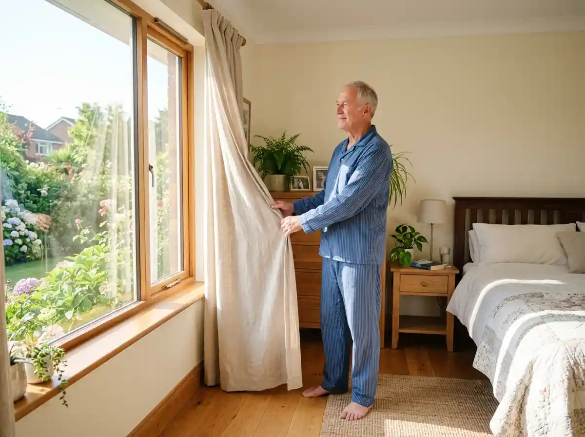 A serene older man opening curtains to bright morning sunlight