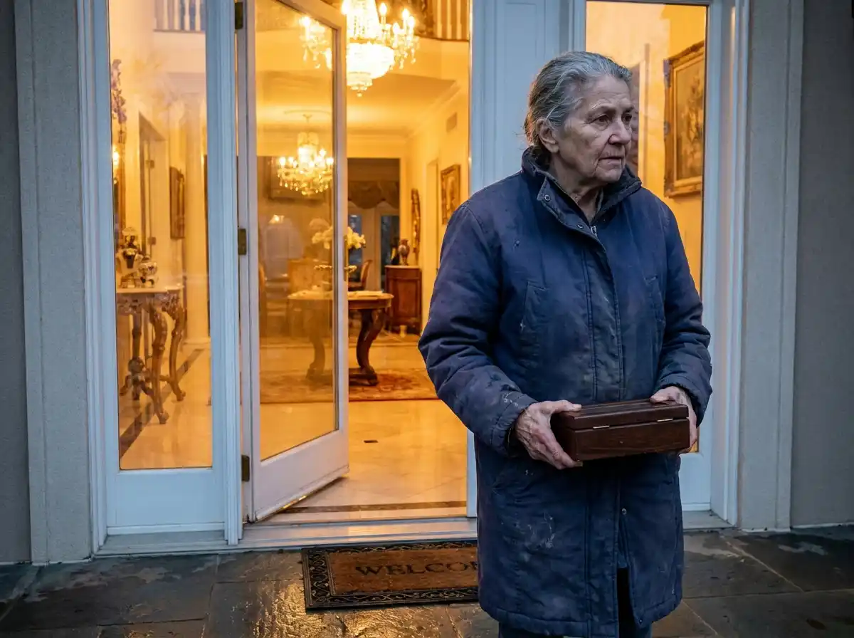 An older woman in a faded navy coat holding a wooden box at a luxurious doorway